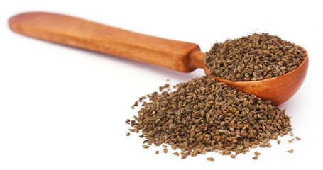 Ajwain seeds in a wooden spoon