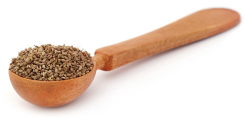 Ajwain seeds in a wooden spoon