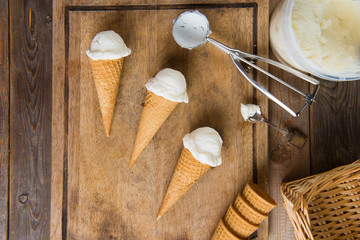 creamy vanilla ice cream in preparation with rustic background a