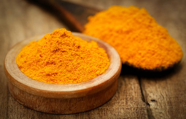 Ground turmeric in a bowl and spon