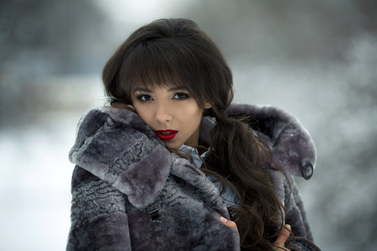 Beautiful,attractive,snorting,stunning,adorable,fashionable,glamour girl in exclusive,luxury,natural,mink,gray fur coat with makeup,curly hair,red lips in the winter,snow,cold forest,luxury fur coat.