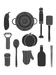 Hand drawn black and white cooking illustration. Vegetables and kitchen utensils