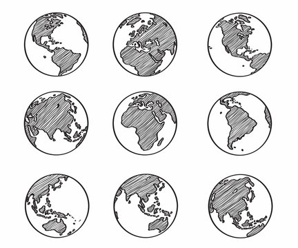 Collection of freehand world map sketch on globe.
