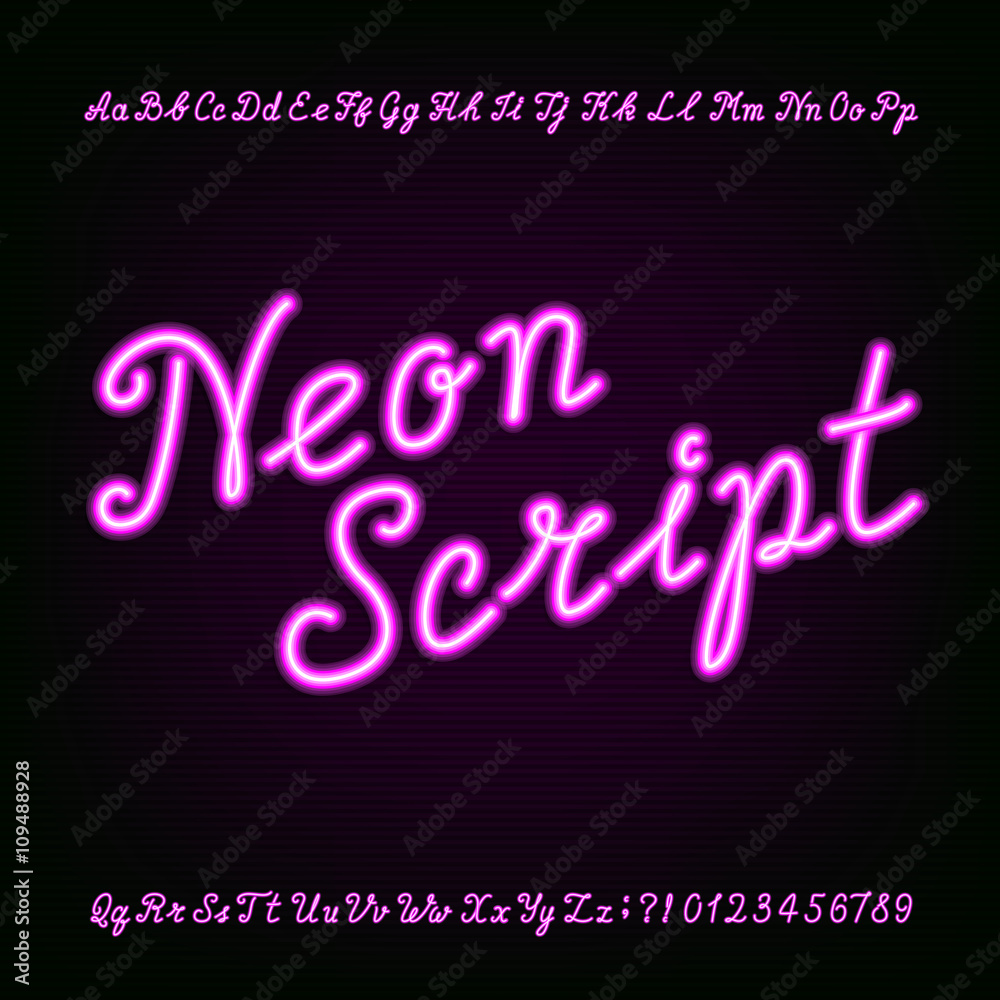 Fototapete neon script hand drawn alphabet font. purple neon type letters and numbers on a dark background. vec