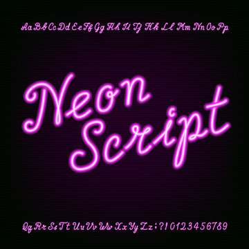 Neon script hand drawn alphabet font. Purple neon type letters and numbers on a dark background. Vector typeface for labels, titles, posters etc.