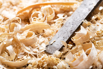 old chisel and wood shavings
