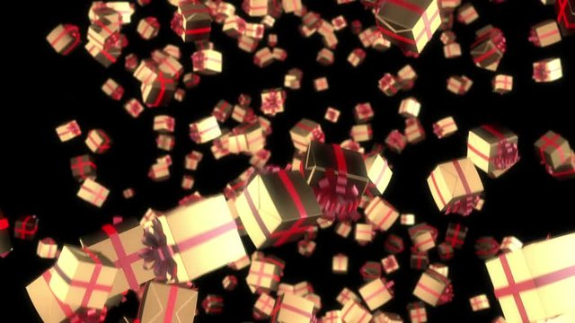 Seamless looping 3D animation of falling golden present boxes including alpha matte