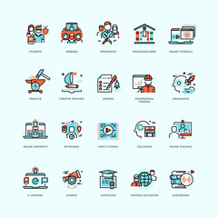 Distance education, online tutorials and courses, video training, staff training, digital library vector icons. Course education, technology education internet, e-learning ducation illustration