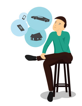 Daydreaming money car house phone cartoon character flat design
