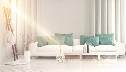 Wide sofa in front bathed in yellow sunlight