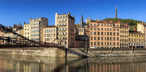 Passerelle Saint-Vincent over the Saone river and Vieux Lyon in Lyon city.