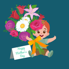 Vector illustraion greeting cart baby boy Happy Mothers Day