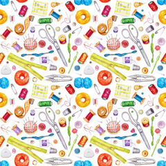 Seamless watercolor pattern of various sewing tools. Sewing kit