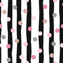 Cute vector geometric seamless pattern . Polka dots and stripes. Brush strokes. Hand drawn grunge texture. Abstract forms. Endless texture can be used for printing onto fabric or paper