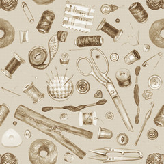 Seamless watercolor pattern of various sewing tools. Sewing kit