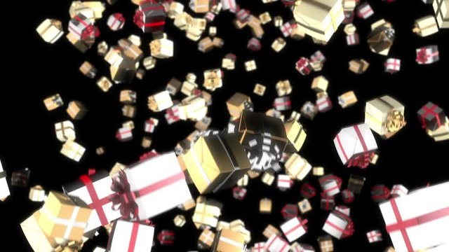 Seamless looping 3D animation of falling present boxes including alpha matte