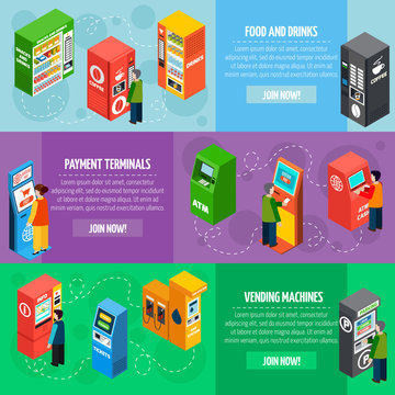 Vending Payment Machines Isometric Banners Set 