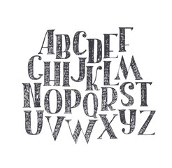 English hand drawn abc from a to z. Capital font made with nib and serif, decorated hatch alphabet, painted freehand. Isolated on background vector illustration. Letter made in classical hatched style