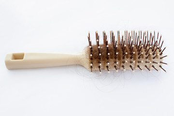 Hair brush with lost hair on white background