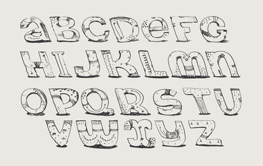 English hand drawn funky font from a to z. Calligraphy made with nib, decorated grunge alphabet, painted in freehand style. Isolated on background vector illustration. Letters made in unique style.
