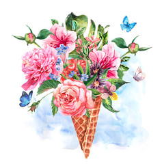 Summer hand drawing watercolor floral greeting card