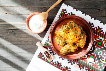 
National traditional Ukrainian and Russian cuisine , a dish called cabbage rolls , stewed rice...