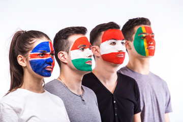 Fototapeta premium Face portrait of football fans support their national team: Portugal, Hungary, Iceland, Austria on white background. European football fans concept.