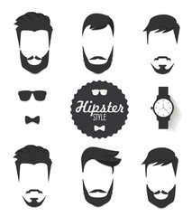 Hipster hair and beards, fashion vector illustration set.