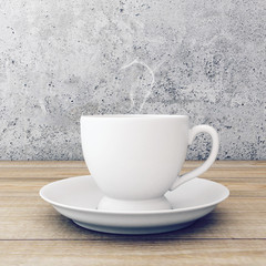Cup of coffee on wooden table near concrete wall. 3D rendering