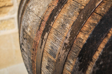 Close-up of wine barrels