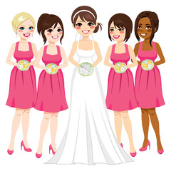 Beautiful young bride with friends bridesmaid group