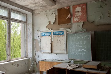Abandoned school office in Pripyat, Chernobyl Exclusion Zone, place of Chernobyl nuclear disaster in Ukraine
