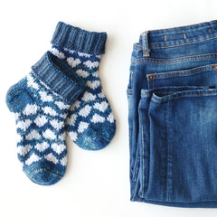 Patterned knit socks and jeans