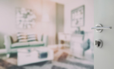 opened white door to living room in modern interior style