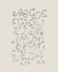 Hand-drawn ABC funky letters, isolated on light background. Hand drawn grunge alphabet, vector illustration. Font based on swirl, loops and calligraphy style. Unique design for your print or lettering