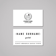 Furniture business card design concept. Furniture logo with commode and wreath. 
Vintage, hipster and retro style. Black and white.