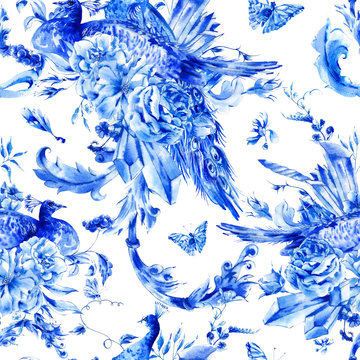 Vintage seamless pattern with blue pair of peacocks
