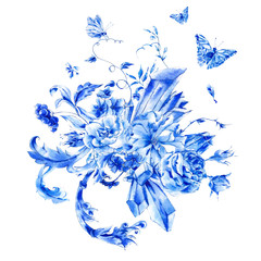 Vintage hand painted blue watercolor roses, precious crystals an