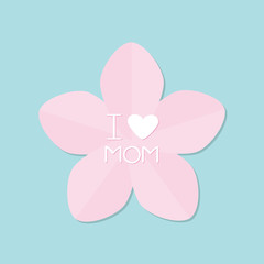 Fototapeta na wymiar Sakura pink flower. Japan blooming cherry blossom set Blue background I love mom Happy mothers day Text with heart sign Greeting card Flat design style
