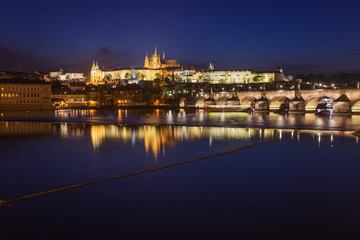 Prague city at night, Charles Bridge, Lobkowicz Palace, Hradcany