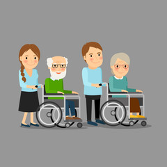 Social worker strolling wheelchair with elderly man and woman. Social care vector illustration