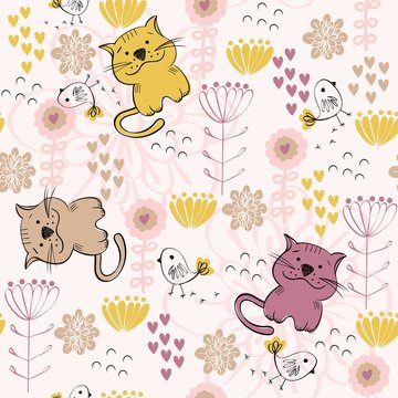 Stylish floral background with  cats  in light colors.