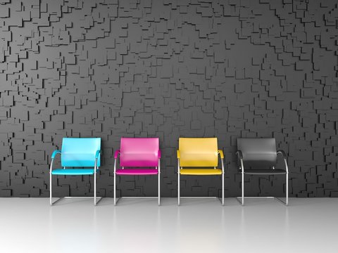 3D render of CMYK colored chairs in the print shop waiting room