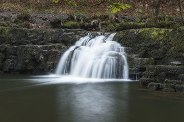 long exposure shot of a small waterfall running in to a pool of water