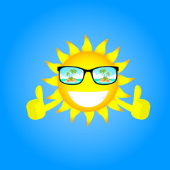 Sun Cartoon Character Wear Glasses With Tropical Island View Thumb Up Gesture