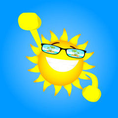 Happy Sun Cartoon Character Hands Up Wear Glasses With Tropical Island View