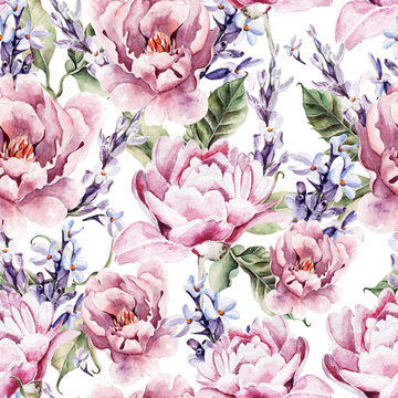 Watercolor seamless pattern with peony flowers and lavender. 