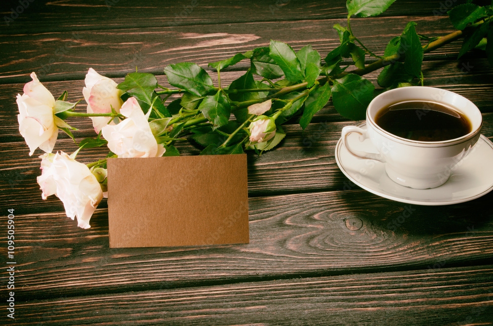 Poster Fresh rose on wooden boards.