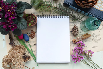 White paper mock up on vintage musical notes background