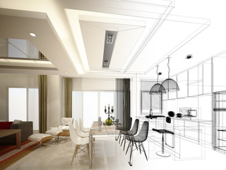abstract sketch design of interior dining and kitchen room ,3d